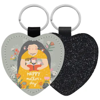 Cute mother reading book, happy mothers day, Μπρελόκ PU δερμάτινο glitter καρδιά ΜΑΥΡΟ