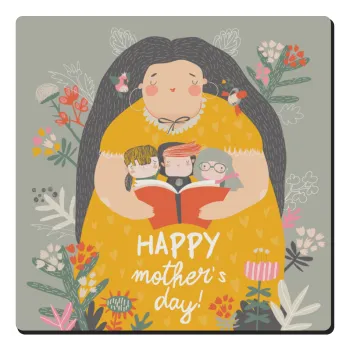 Cute mother reading book, happy mothers day, Τετράγωνο μαγνητάκι ξύλινο 6x6cm
