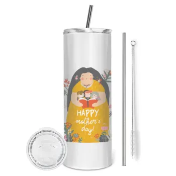 Cute mother reading book, happy mothers day, Tumbler ποτήρι θερμό από ανοξείδωτο ατσάλι 600ml, με μεταλλικό καλαμάκι & βούρτσα καθαρισμού