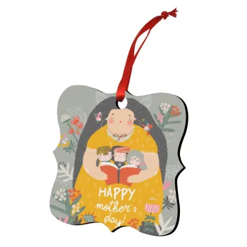 Cute mother reading book, happy mothers day, Christmas ornament polygon wooden 7.5cm