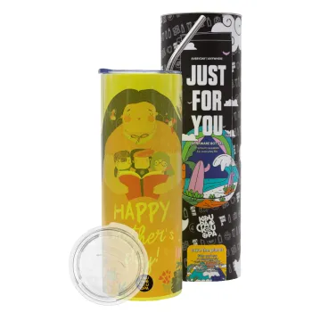 Cute mother reading book, happy mothers day, Neon Yellow Travel Tumbler θερμό, μεταλλικό καλαμάκι(Ανωξείδωτο 304 Food grade, BPA free, 600ml)