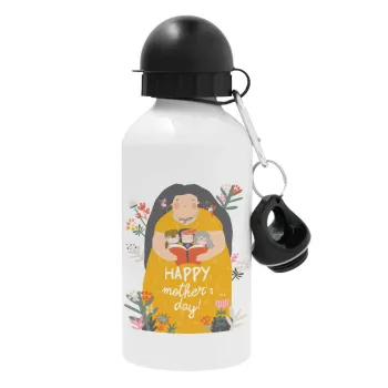 Cute mother reading book, happy mothers day, Metal water bottle, White, aluminum 500ml
