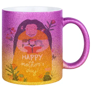 Cute mother reading book, happy mothers day, Κούπα Χρυσή/Ροζ Glitter, κεραμική, 330ml
