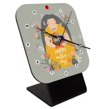 Cute mother reading book, happy mothers day, Quartz Wooden table clock with hands (10cm)