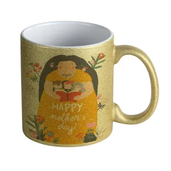 Cute mother reading book, happy mothers day, Κούπα Χρυσή Glitter που γυαλίζει, κεραμική, 330ml