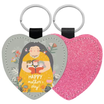 Cute mother reading book, happy mothers day, Μπρελόκ PU δερμάτινο glitter καρδιά ΡΟΖ