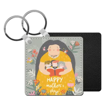 Cute mother reading book, happy mothers day, Μπρελόκ Δερματίνη, τετράγωνο ΜΑΥΡΟ (5x5cm)