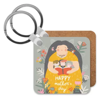 Cute mother reading book, happy mothers day, Μπρελόκ Ξύλινο τετράγωνο MDF