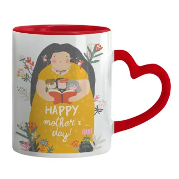 Cute mother reading book, happy mothers day, Mug heart red handle, ceramic, 330ml