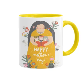 Cute mother reading book, happy mothers day, Κούπα χρωματιστή κίτρινη, κεραμική, 330ml