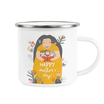 Cute mother reading book, happy mothers day, Κούπα Μεταλλική εμαγιέ λευκη 360ml