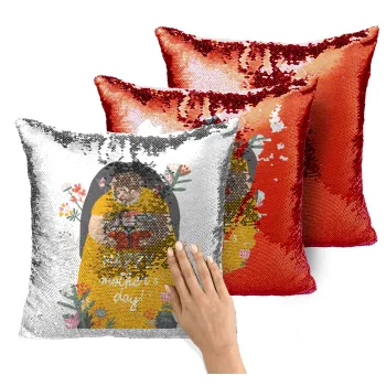 Cute mother reading book, happy mothers day, Μαξιλάρι καναπέ Μαγικό Κόκκινο με πούλιες 40x40cm περιέχεται το γέμισμα