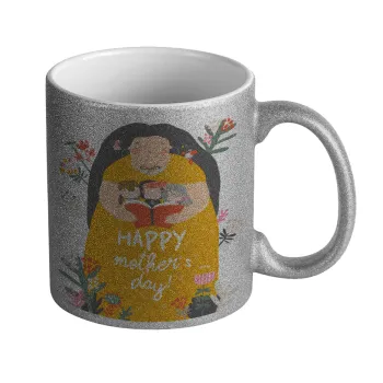 Cute mother reading book, happy mothers day, Κούπα Ασημένια Glitter που γυαλίζει, κεραμική, 330ml