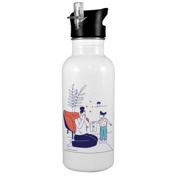 Mothers Day, Flat, White water bottle with straw, stainless steel 600ml