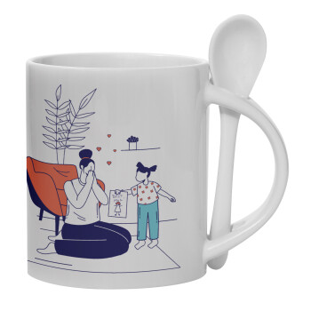 Mothers Day, Flat, Ceramic coffee mug with Spoon, 330ml (1pcs)