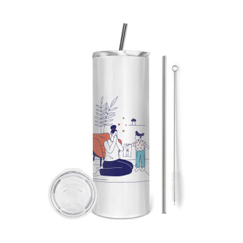 Mothers Day, Flat, Eco friendly stainless steel tumbler 600ml, with metal straw & cleaning brush