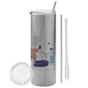 Mothers Day, Flat, Eco friendly stainless steel Silver tumbler 600ml, with metal straw & cleaning brush