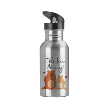 Mothers Day, bears, Water bottle Silver with straw, stainless steel 600ml