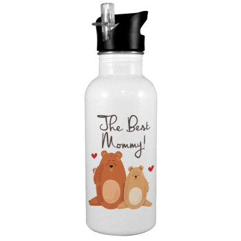 Mothers Day, bears, White water bottle with straw, stainless steel 600ml