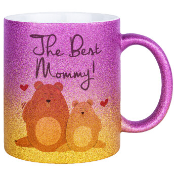 Mothers Day, bears, Κούπα Χρυσή/Ροζ Glitter, κεραμική, 330ml