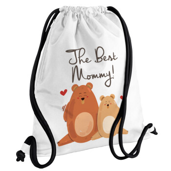 Mothers Day, bears, Τσάντα πλάτης πουγκί GYMBAG λευκή, με τσέπη (40x48cm) & χονδρά κορδόνια