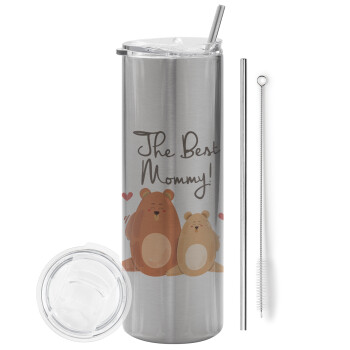 Mothers Day, bears, Eco friendly stainless steel Silver tumbler 600ml, with metal straw & cleaning brush