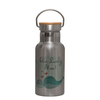 Mothers Day, whales, Stainless steel metallic thermos flask, silver with a bamboo lid, double-walled, 350ml.