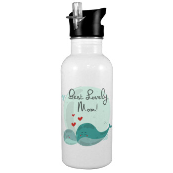 Mothers Day, whales, White water bottle with straw, stainless steel 600ml
