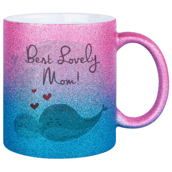 Mothers Day, whales, Κούπα Χρυσή/Μπλε Glitter, κεραμική, 330ml
