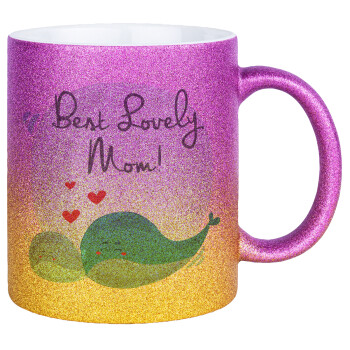 Mothers Day, whales, Κούπα Χρυσή/Ροζ Glitter, κεραμική, 330ml