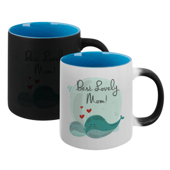 Mothers Day, whales, Κούπα Μαγική εσωτερικό μπλε, κεραμική 330ml που αλλάζει χρώμα με το ζεστό ρόφημα