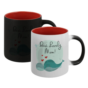 Mothers Day, whales, Κούπα Μαγική εσωτερικό κόκκινο, κεραμική, 330ml που αλλάζει χρώμα με το ζεστό ρόφημα