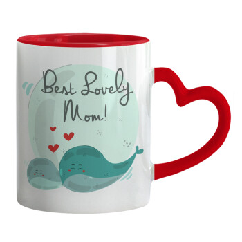 Mothers Day, whales, Κούπα καρδιά χερούλι κόκκινη, κεραμική, 330ml