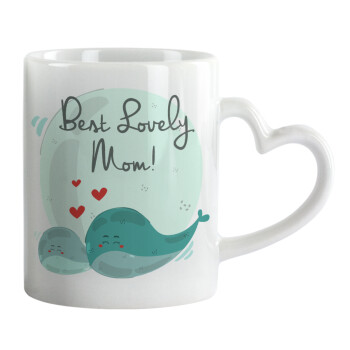 Mothers Day, whales, Κούπα καρδιά χερούλι λευκή, κεραμική, 330ml
