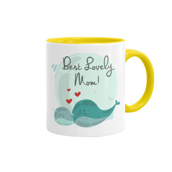 Mothers Day, whales, Mug colored yellow, ceramic, 330ml