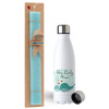 Easter Set, metallic stainless steel water bottle (750ml) & aromatic flat Easter candle (30cm) (TURQUOISE)
