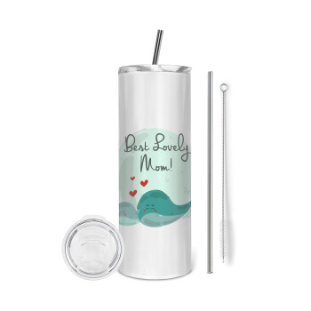 Mothers Day, whales, Eco friendly stainless steel tumbler 600ml, with metal straw & cleaning brush