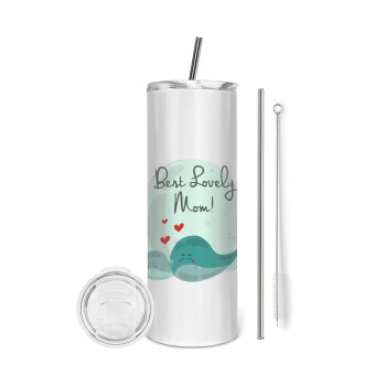 Mothers Day, whales, Tumbler ποτήρι θερμό από ανοξείδωτο ατσάλι 600ml, με μεταλλικό καλαμάκι & βούρτσα καθαρισμού