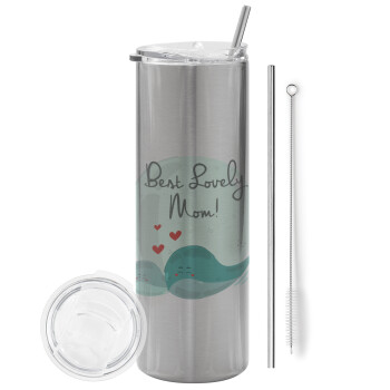 Mothers Day, whales, Eco friendly stainless steel Silver tumbler 600ml, with metal straw & cleaning brush