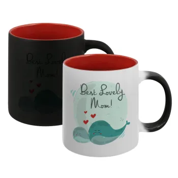Mothers Day, whales, Κούπα Μαγική εσωτερικό κόκκινο, κεραμική, 330ml που αλλάζει χρώμα με το ζεστό ρόφημα