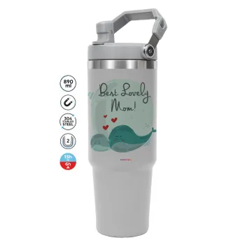 Mothers Day, whales, ΓΚΡΙ Travel Tumbler Θερμός με χερούλι και καλαμάκι 890ml