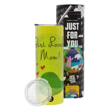 Mothers Day, whales, Neon Yellow Travel Tumbler θερμό, μεταλλικό καλαμάκι(Ανωξείδωτο 304 Food grade, BPA free, 600ml)