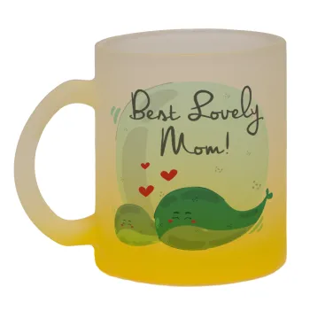 Mothers Day, whales, Κούπα γυάλινη δίχρωμη με βάση το κίτρινο ματ, 330ml