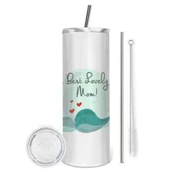 Mothers Day, whales, Tumbler ποτήρι θερμό από ανοξείδωτο ατσάλι 600ml, με μεταλλικό καλαμάκι & βούρτσα καθαρισμού
