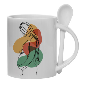 Women pregnant, Ceramic coffee mug with Spoon, 330ml (1pcs)