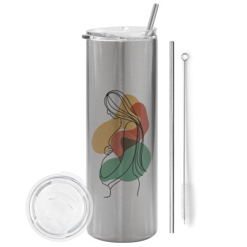 Women pregnant, Eco friendly stainless steel Silver tumbler 600ml, with metal straw & cleaning brush