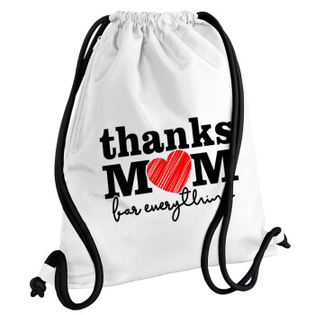 Thanks mom for everything, Τσάντα πλάτης πουγκί GYMBAG λευκή, με τσέπη (40x48cm) & χονδρά κορδόνια