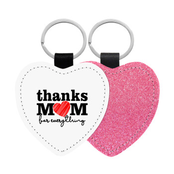 Thanks mom for everything, Μπρελόκ PU δερμάτινο glitter καρδιά ΡΟΖ