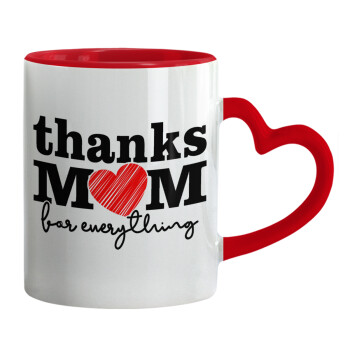 Thanks mom for everything, Κούπα καρδιά χερούλι κόκκινη, κεραμική, 330ml