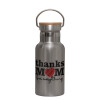 Stainless steel metallic thermos flask, silver with a bamboo lid, double-walled, 350ml.